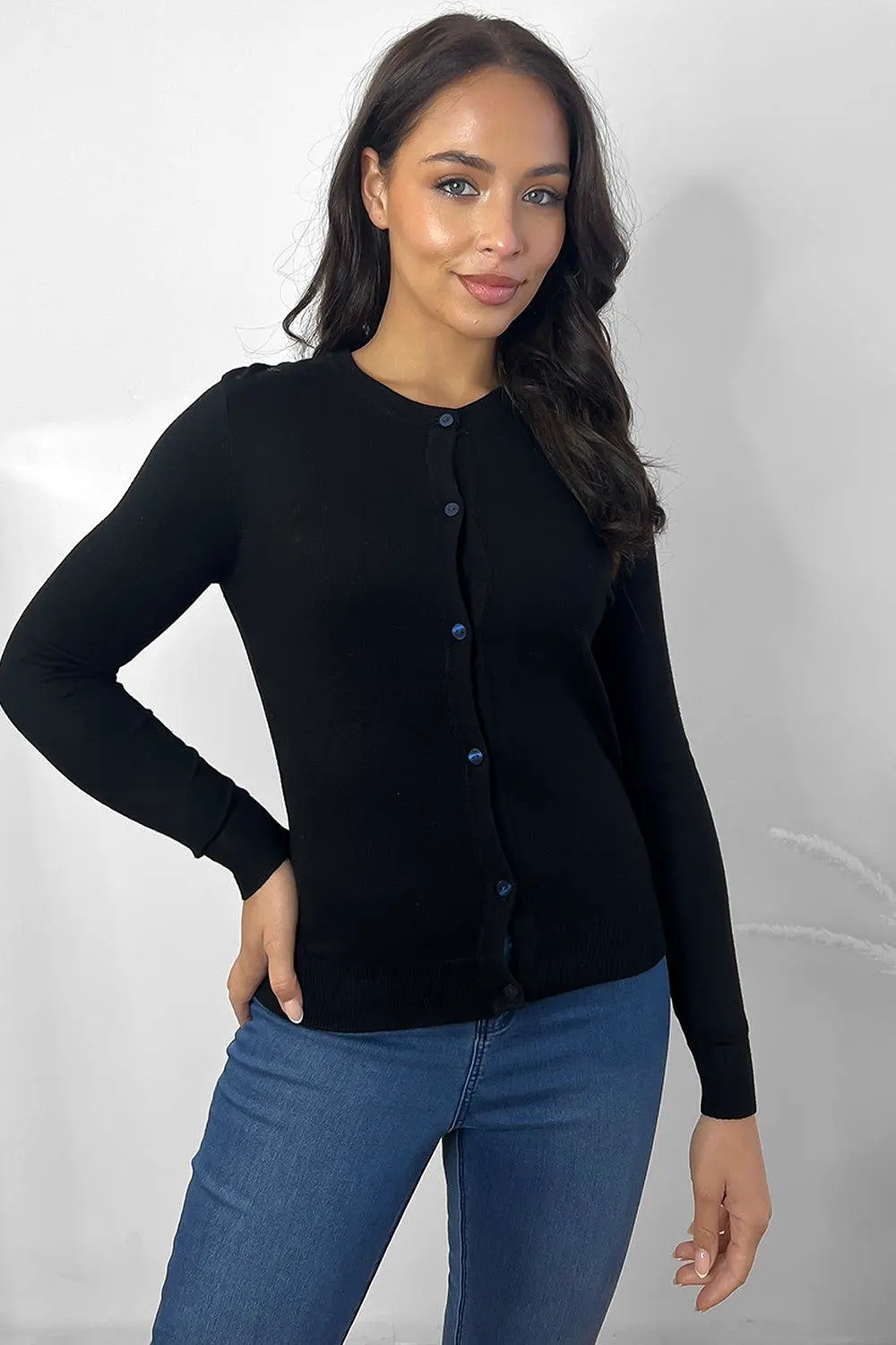 Black Buttoned Front Round Neck Cardigan