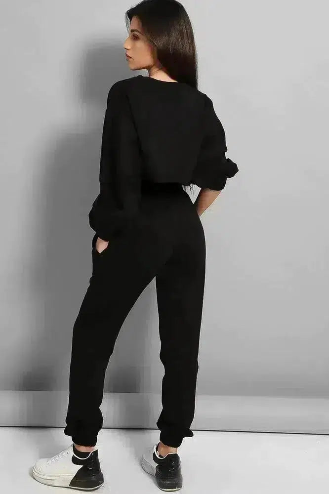 Black Cropped Top 3 Piece Tracksuit