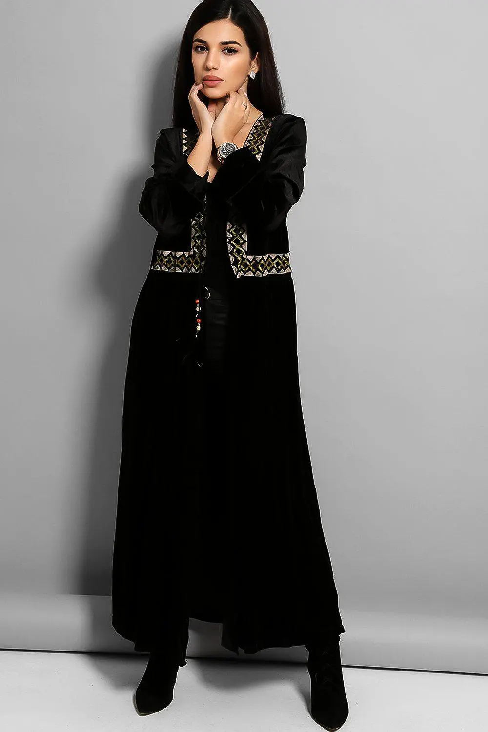 Black Embroidered Panel Velvet Kaftan