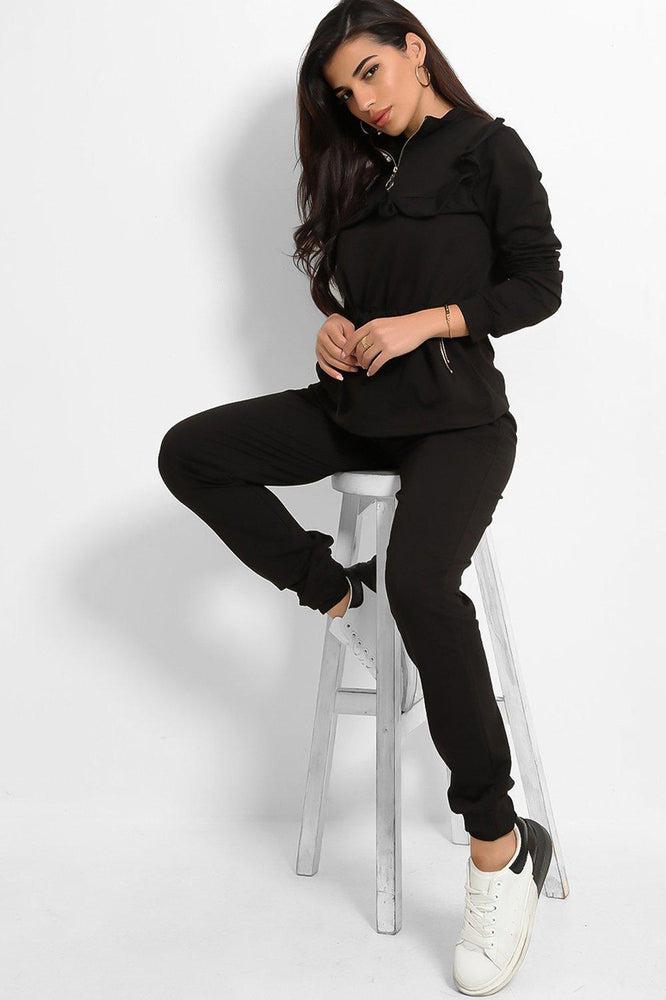 Black Frilled Drawstring Waist Tracksuit