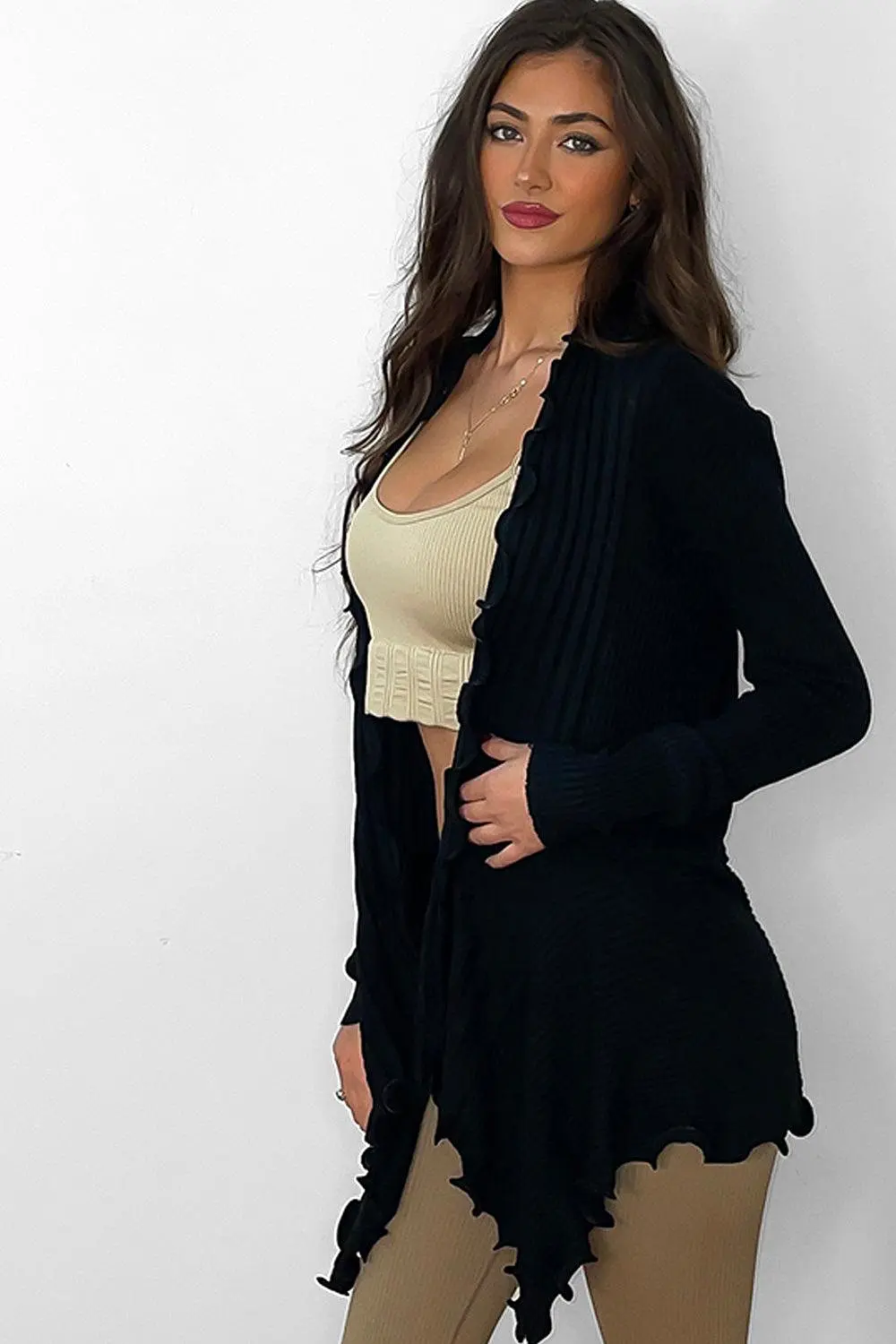 Black Frilled Trim Open Front Cardigan