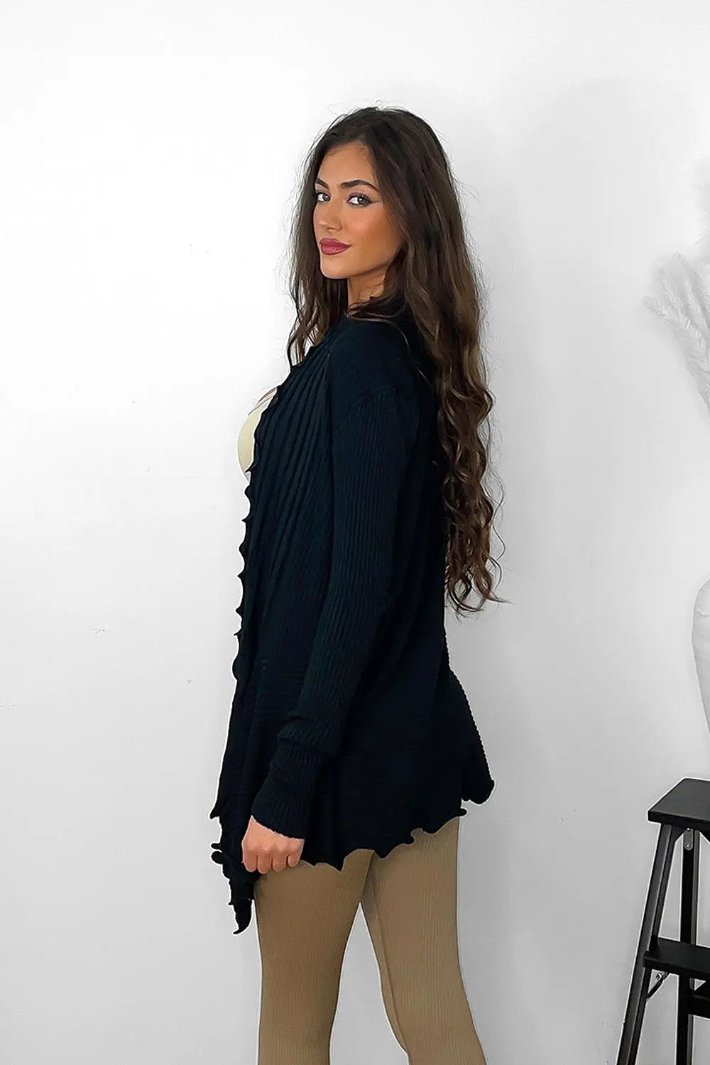 Black Frilled Trim Open Front Cardigan