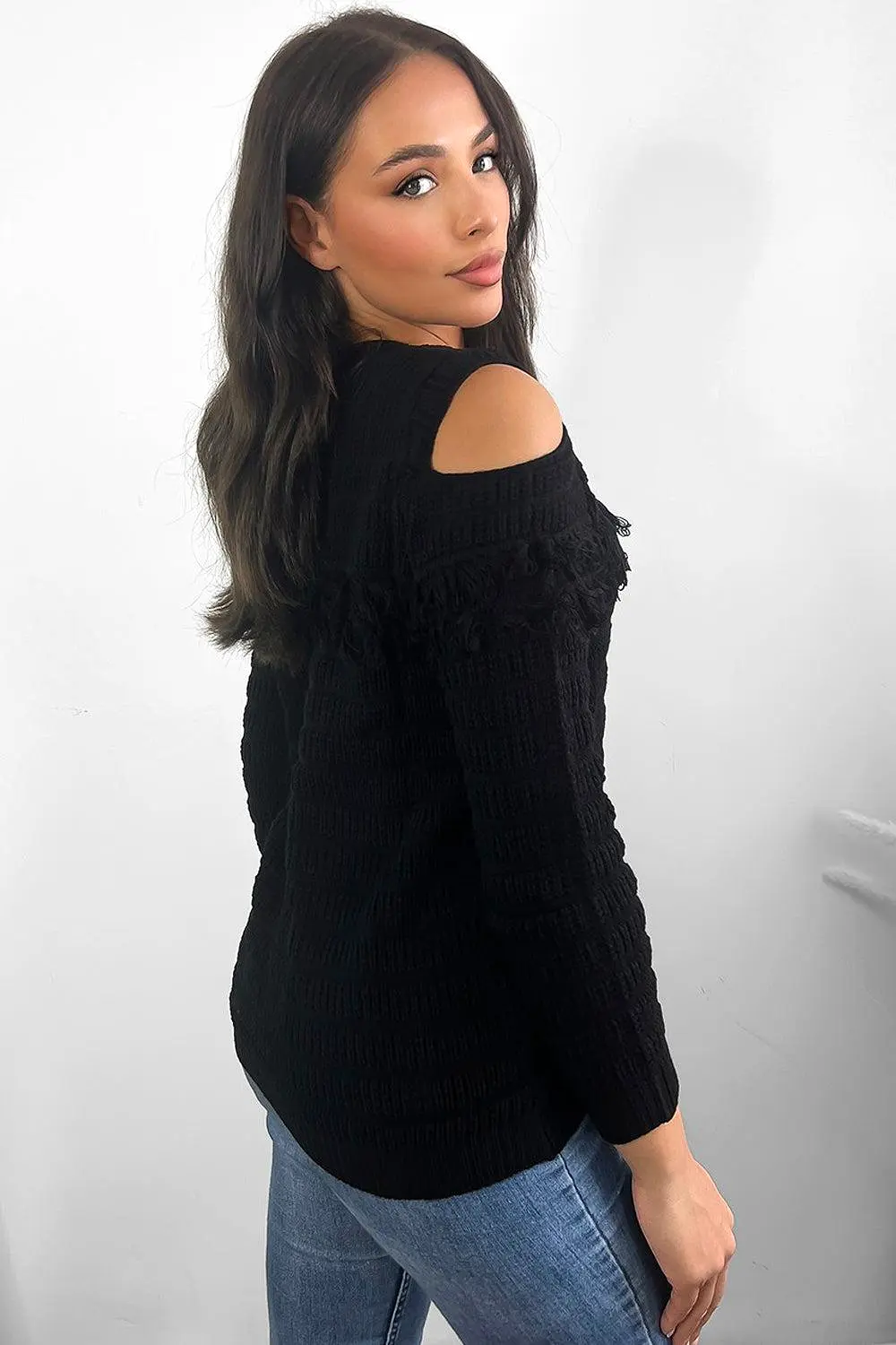 Black Fringed Detail Cold Shoulder Pullover