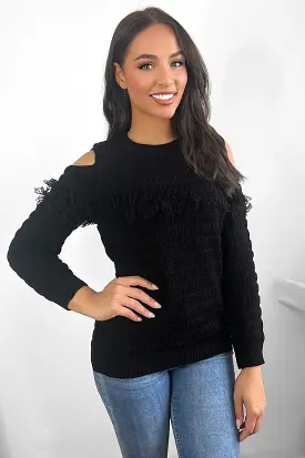 Black Fringed Detail Cold Shoulder Pullover