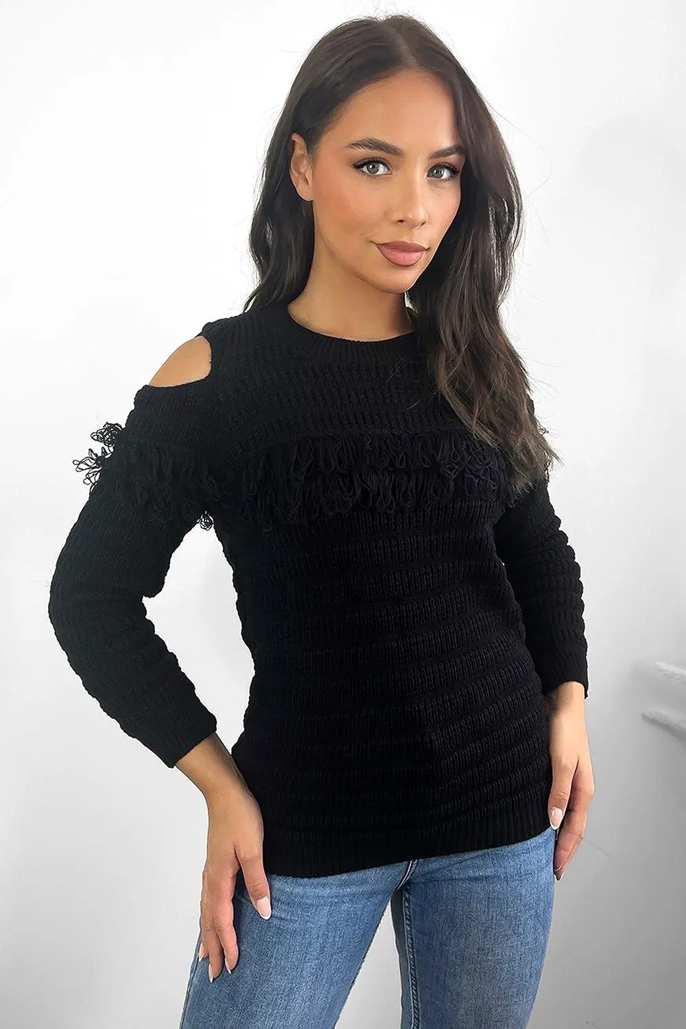 Black Fringed Detail Cold Shoulder Pullover