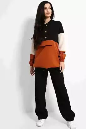 Brown Black Colourblock Longline Sweatshirt And Wide Leg Trousers Modest Set