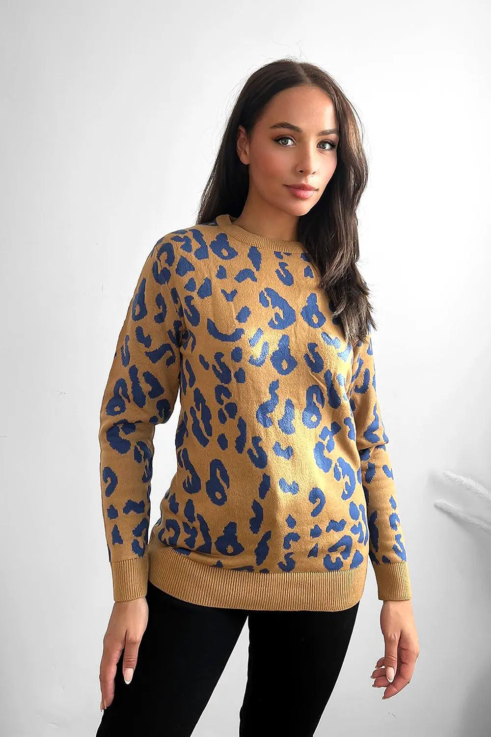 Contrast Leopard Pattern Knitted Pullover