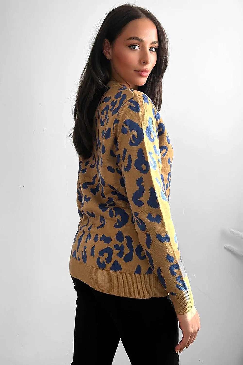 Contrast Leopard Pattern Knitted Pullover