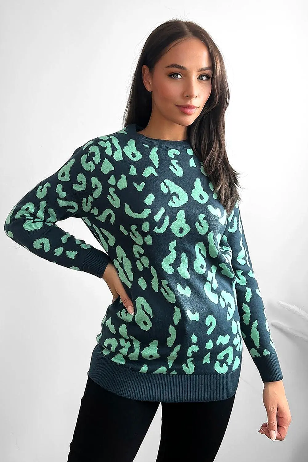 Contrast Leopard Pattern Knitted Pullover