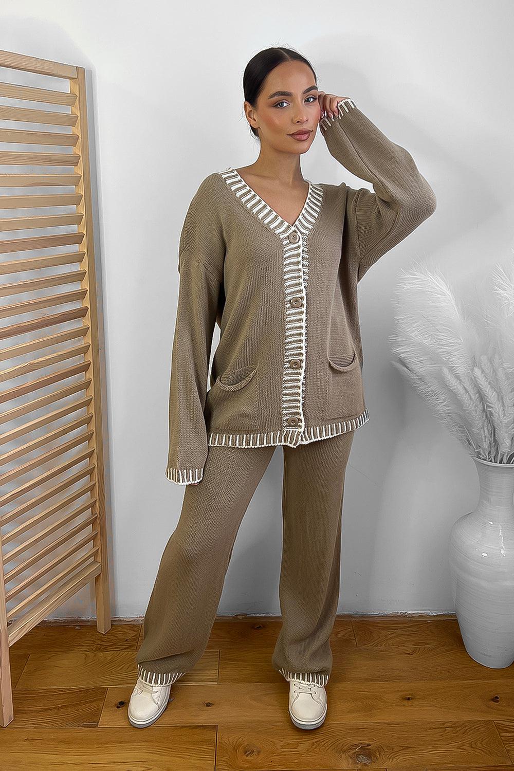 Contrast Stitch Effect Trim Knitted Leisure Set