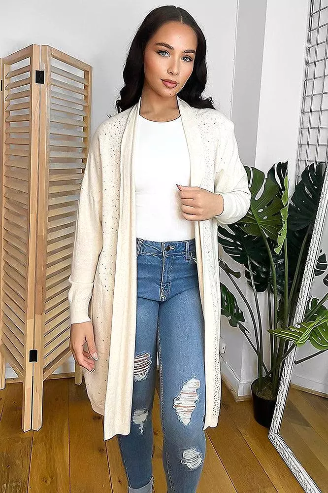 Cream Crystals Embellished Open Front Midi Cardigan