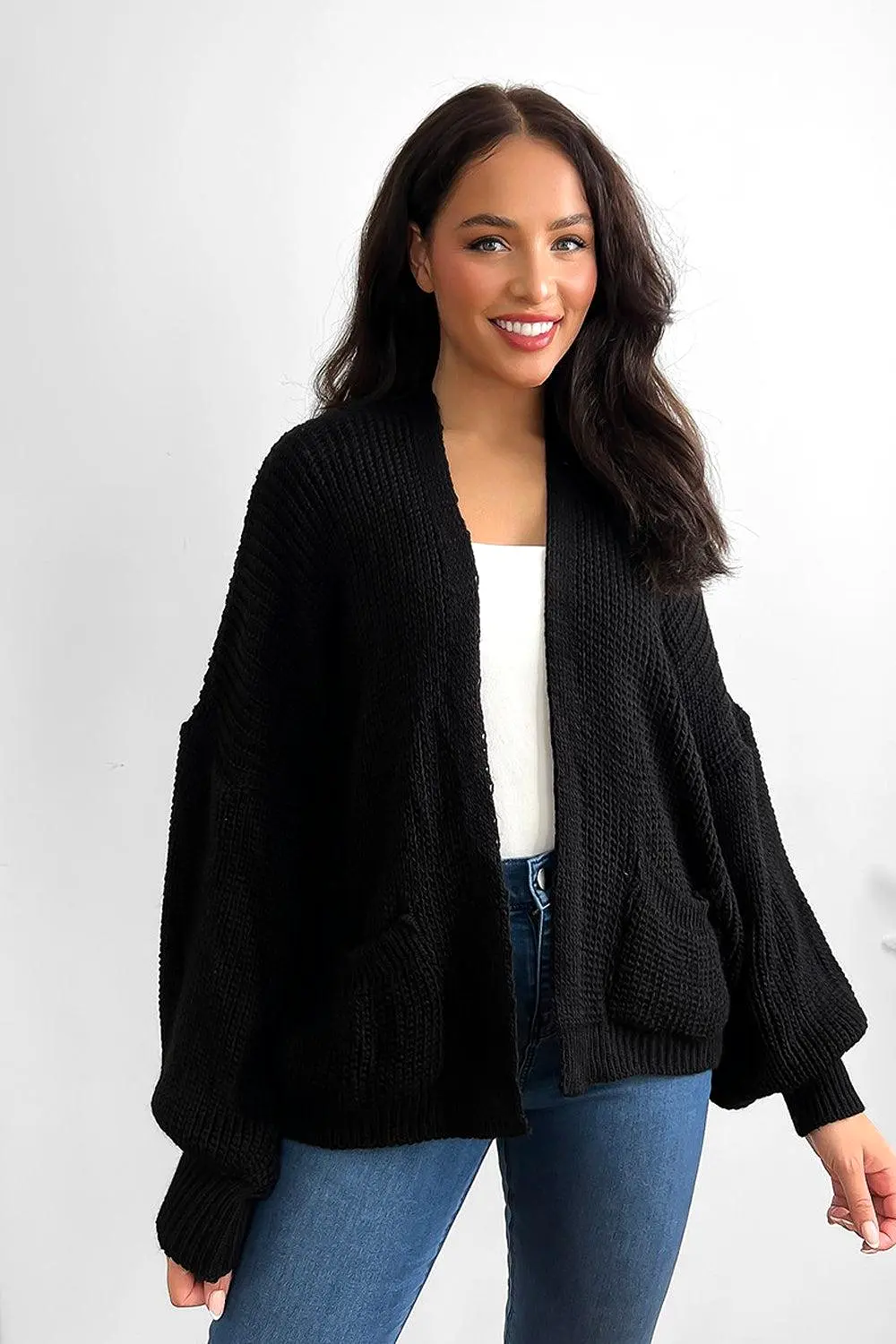 Fine Knit Side Pockets Open Front Cardigan