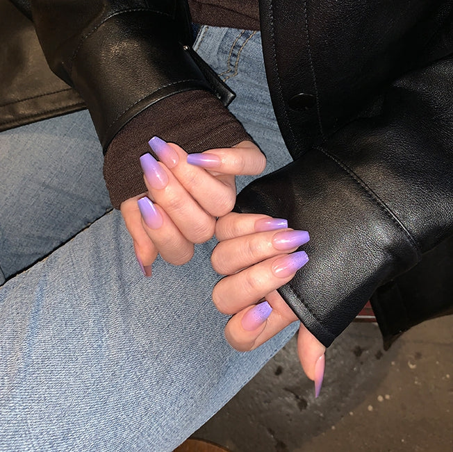 Finger Suit Purple Haze Nails Hand Artificial Fake Nails Long Pretty Home Art Tips Beauty Coffin Shape Press On Ombre Gradation 