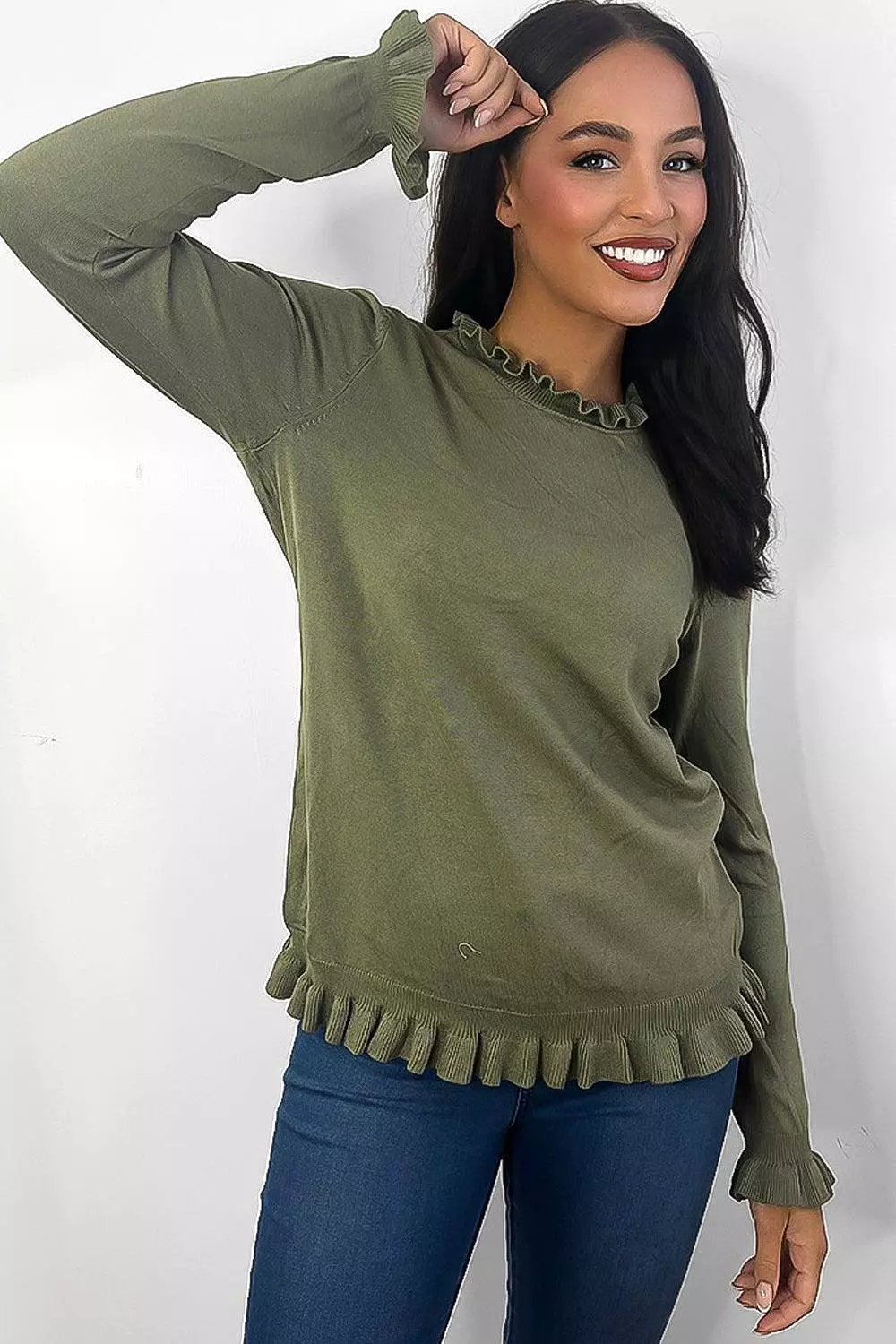 Frilled High Neck And Sleeves Thin Pullover