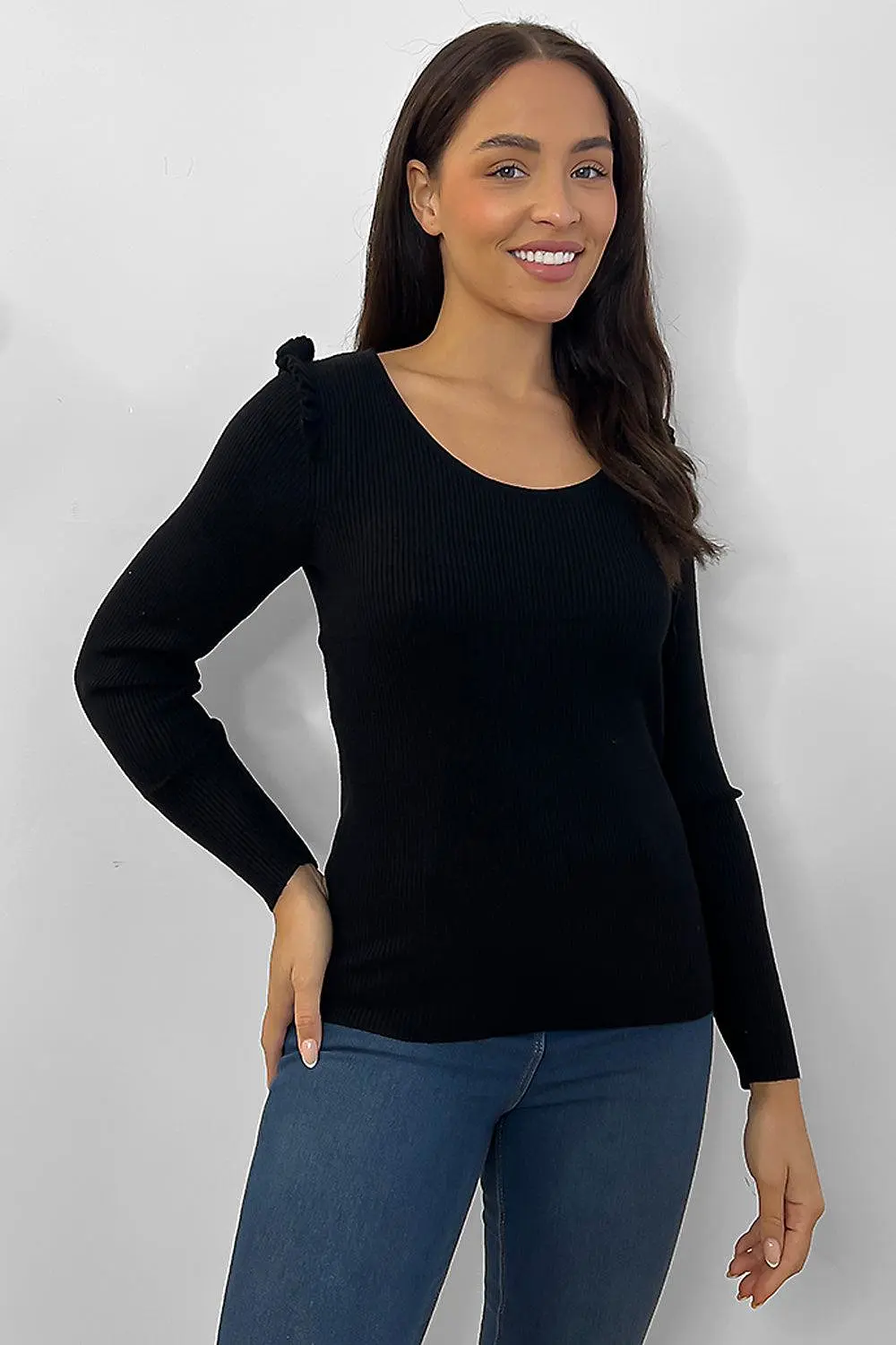 Frilled Shoulders Scoop Neck Pullover