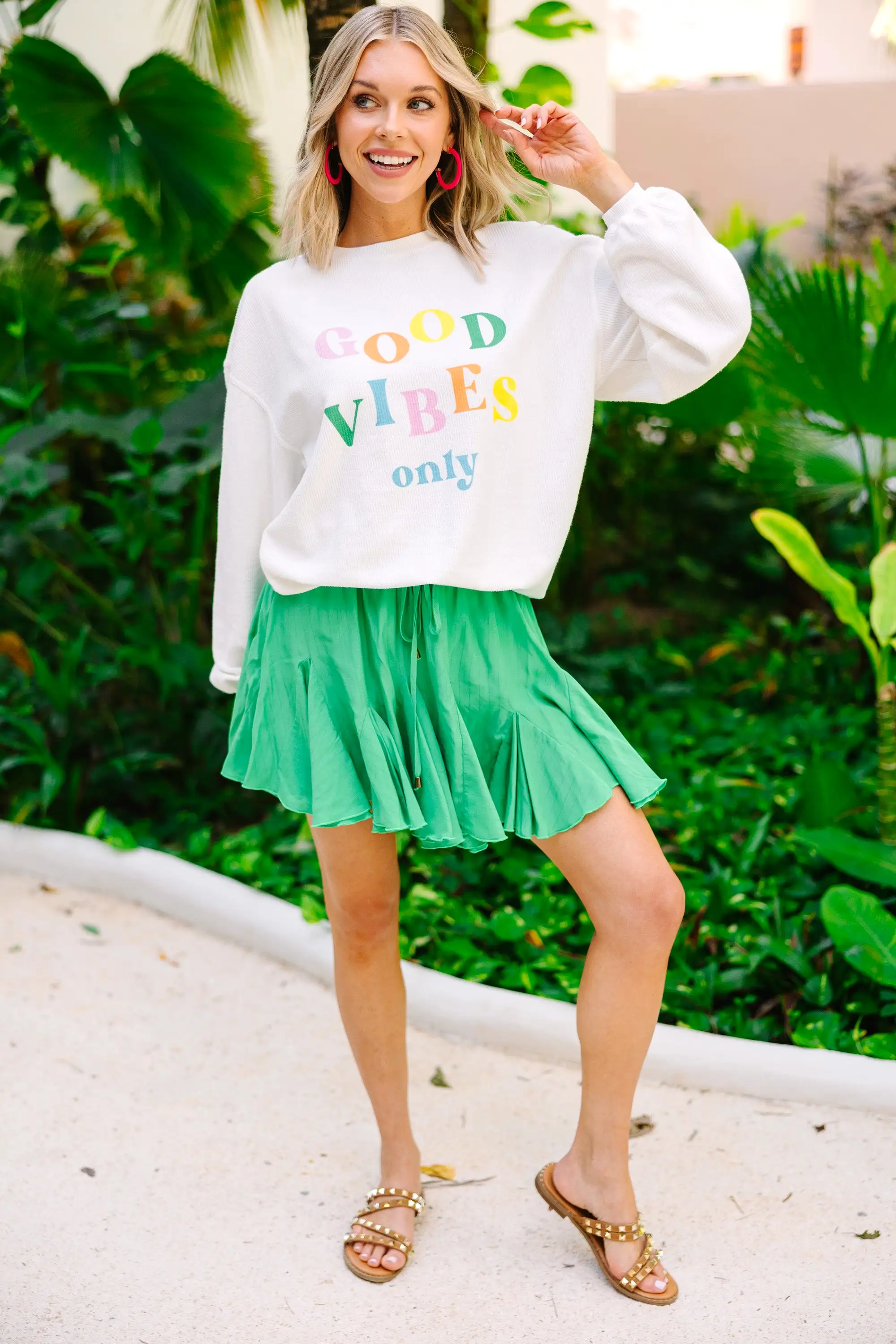 Good Vibes Only White Graphic Corded Sweatshirt