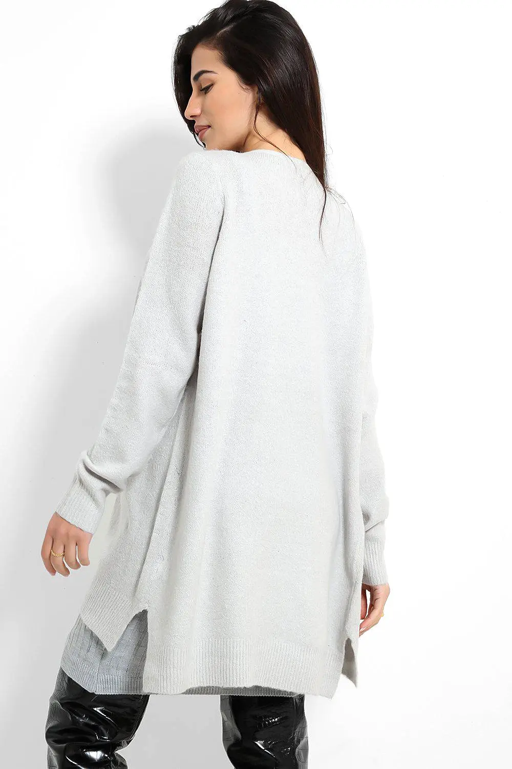 Grey Open Front Midi Length Cardigan