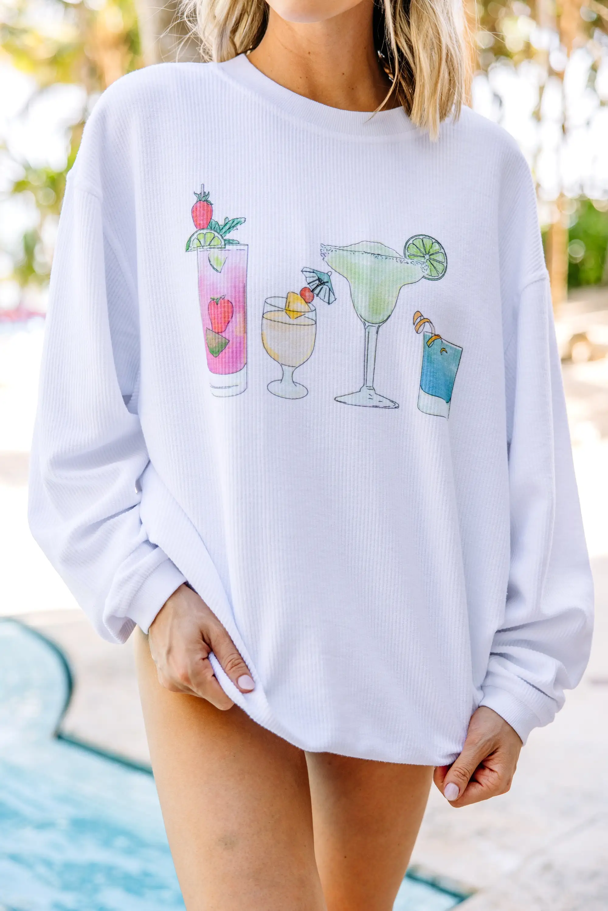 Happy Hour White Graphic Corded Sweatshirt