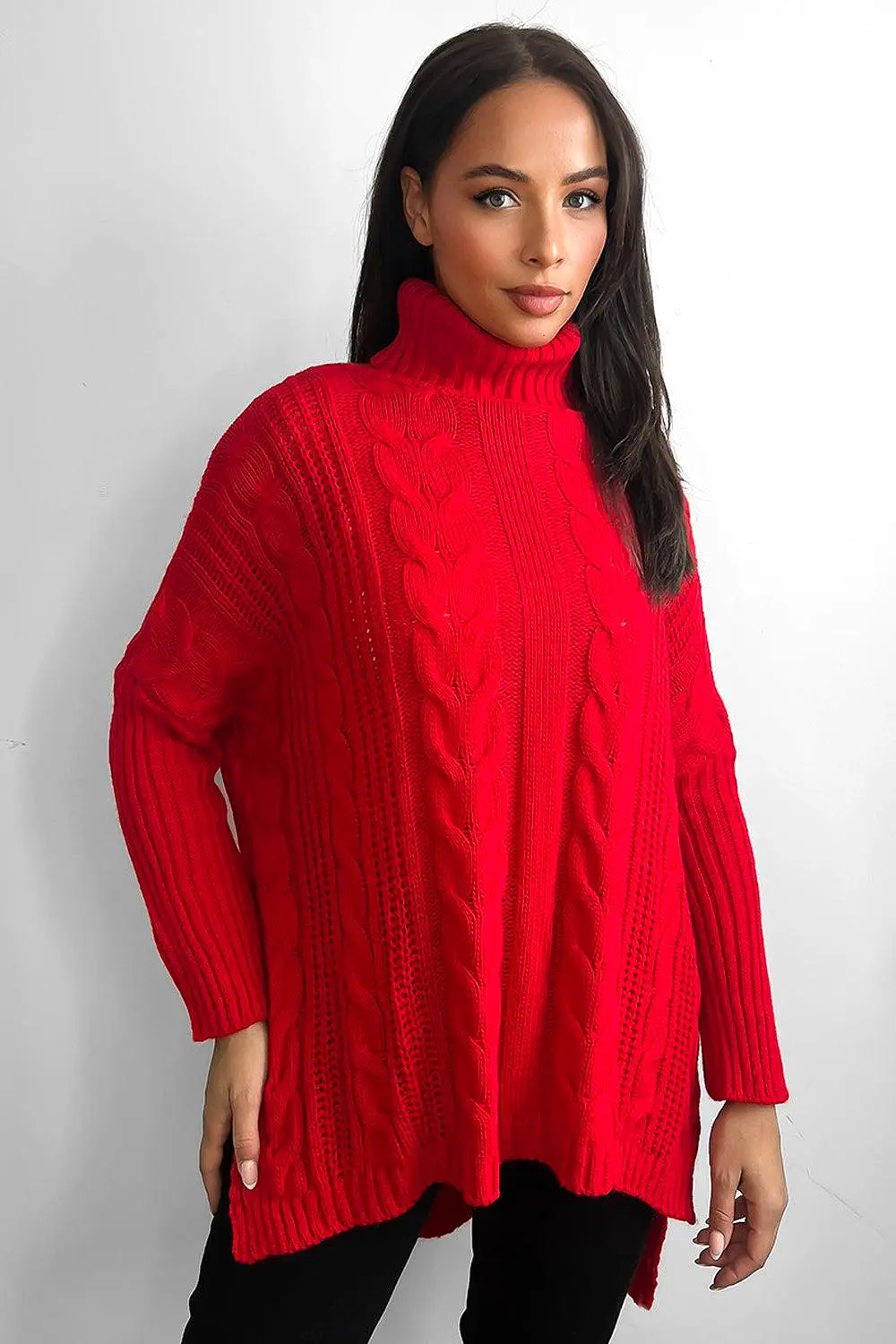 High Rolled Neck Braided Details Hi Low Pullover