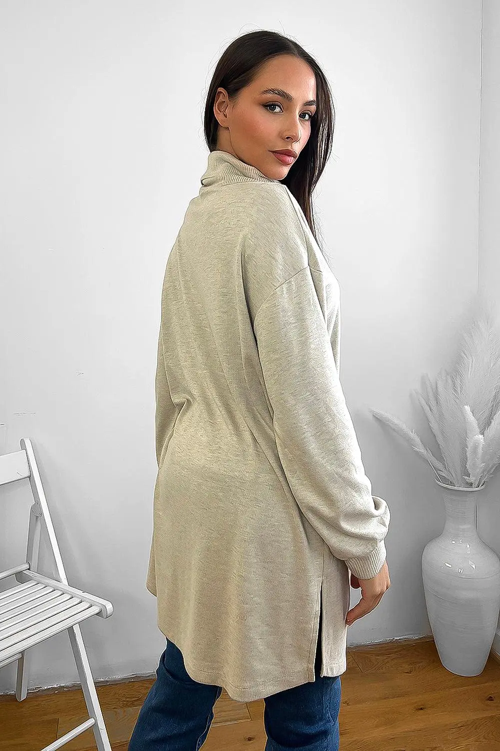 High Zipped Neck Longline Thin Pullover