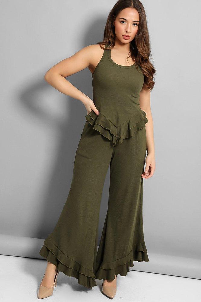 Khaki Frilled Wide Leg Lounge Set