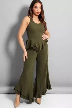 Khaki Frilled Wide Leg Lounge Set