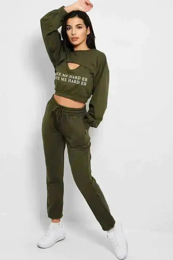 Khaki Love Me Harder Crop Top 3 Piece Tracksuit