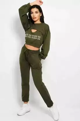 Khaki Love Me Harder Crop Top 3 Piece Tracksuit