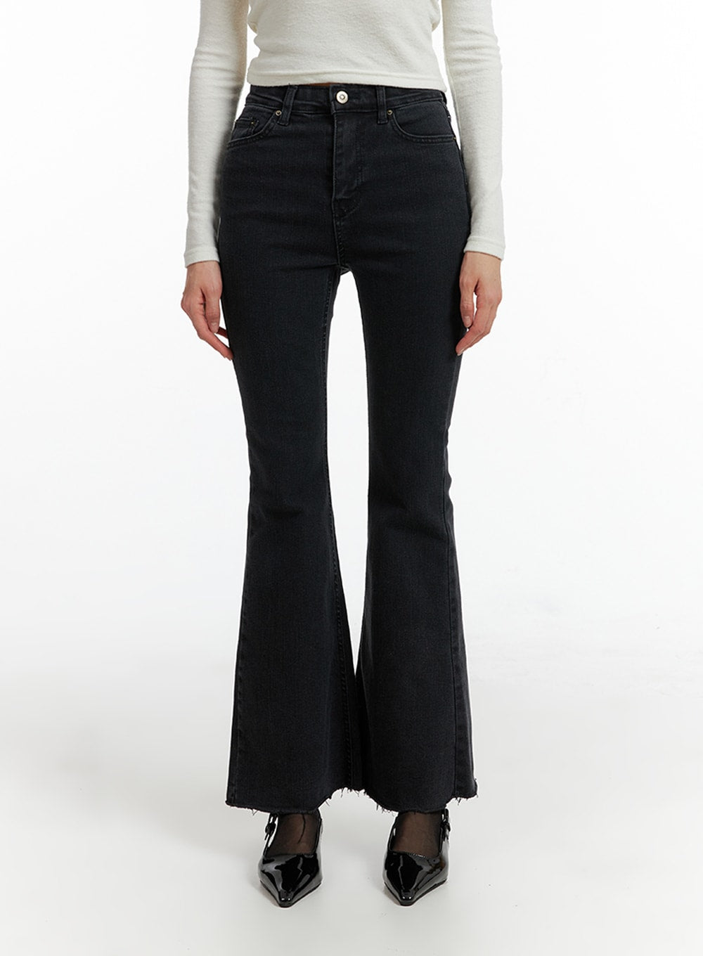 Mid Waist Button Flared Jeans IF402