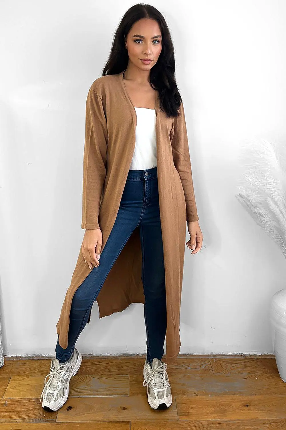 Midi Length Plain Open Front Cardigan