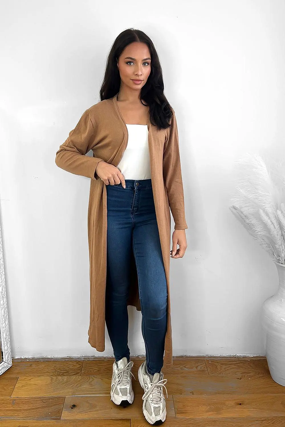 Midi Length Plain Open Front Cardigan