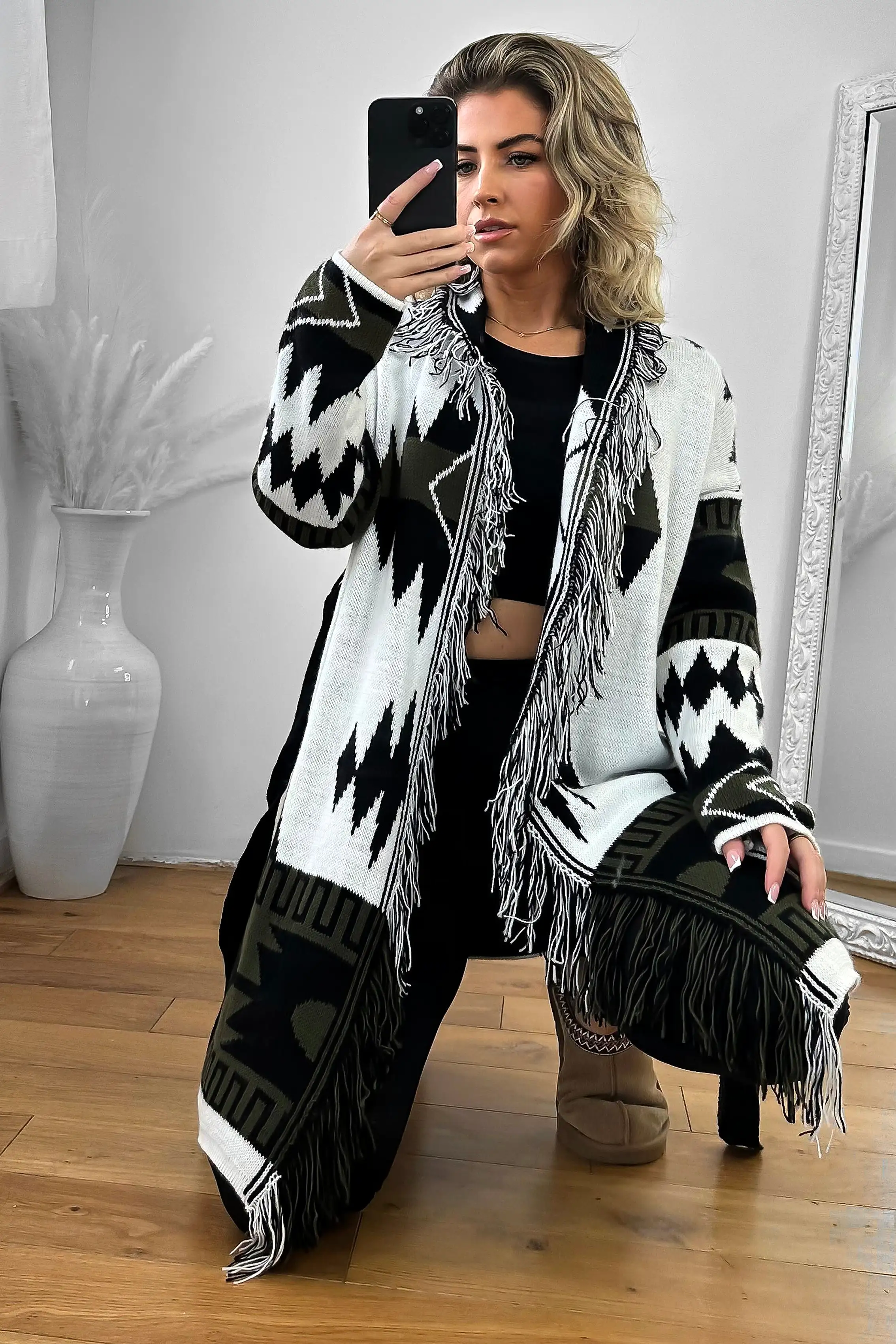 Native Print Fringed Waist Tie Thick Knit Cardigan