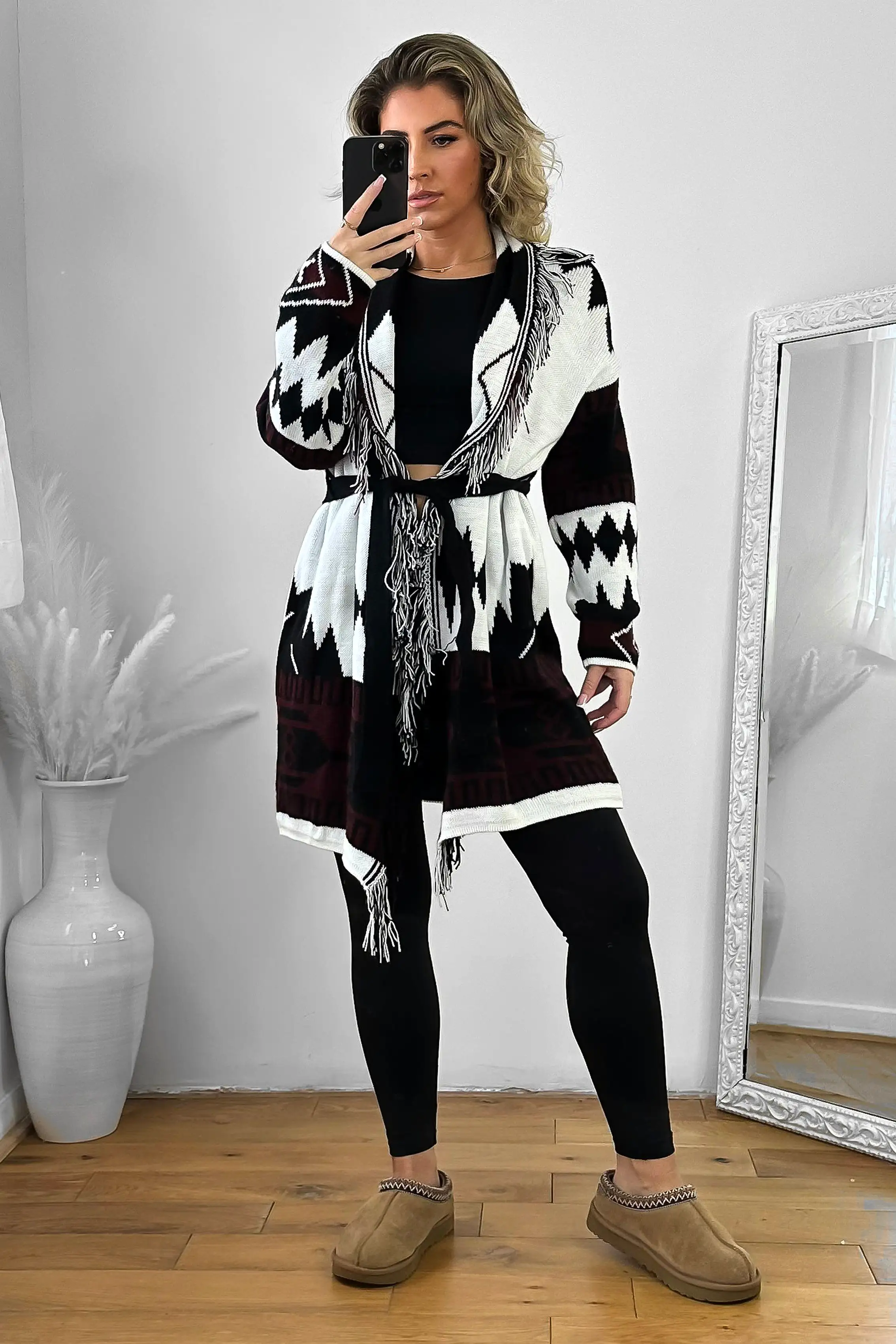 Native Print Fringed Waist Tie Thick Knit Cardigan