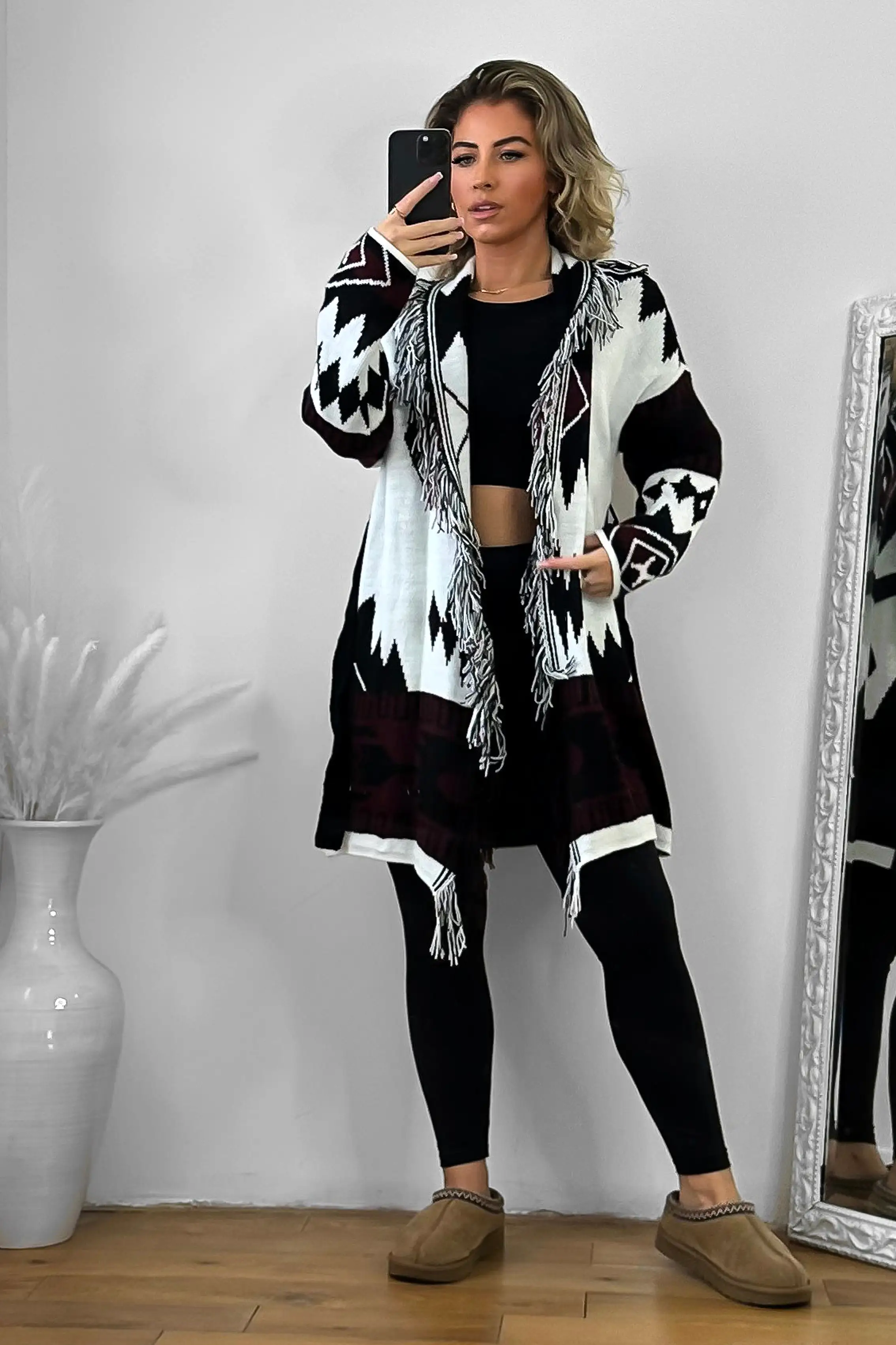 Native Print Fringed Waist Tie Thick Knit Cardigan