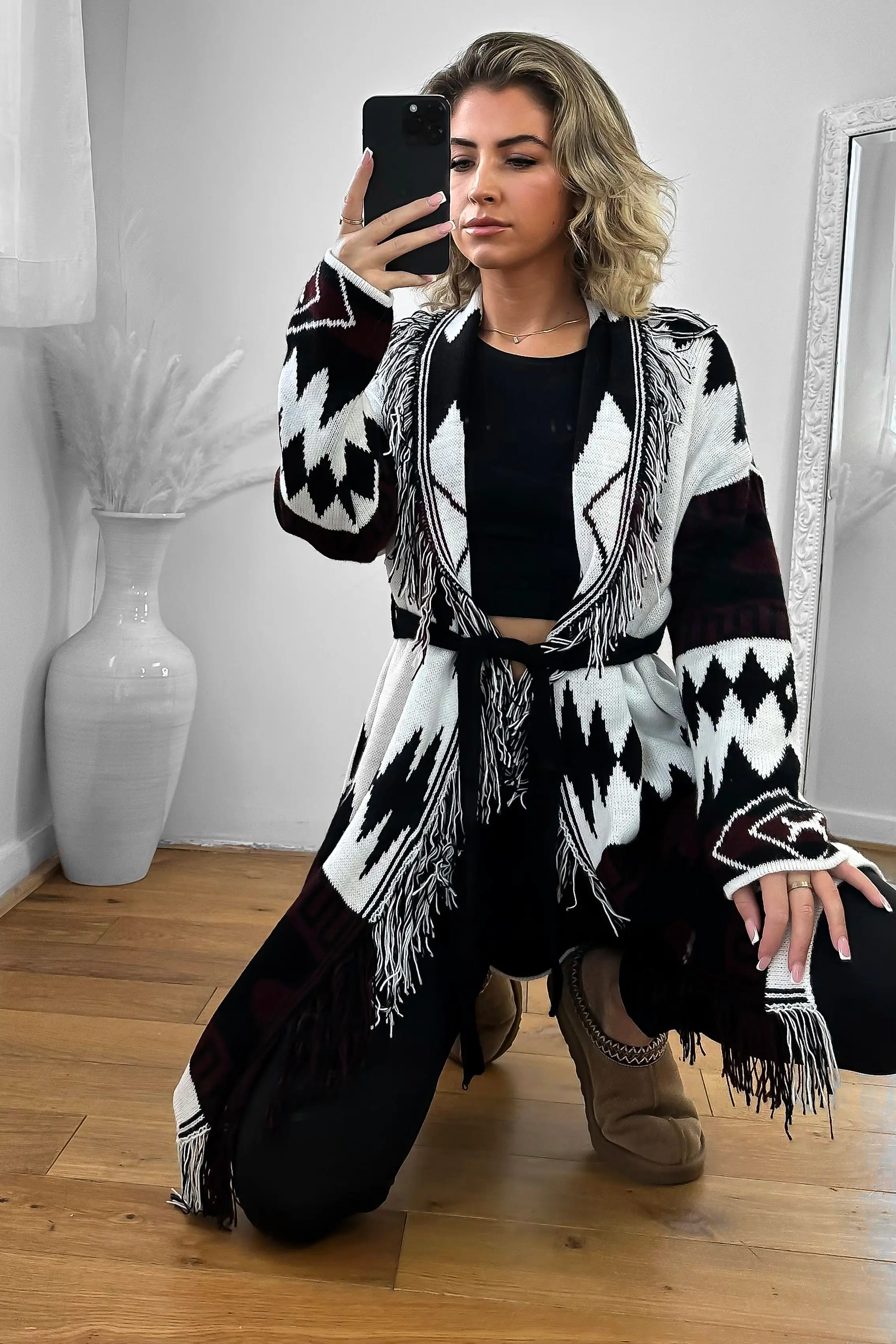 Native Print Fringed Waist Tie Thick Knit Cardigan