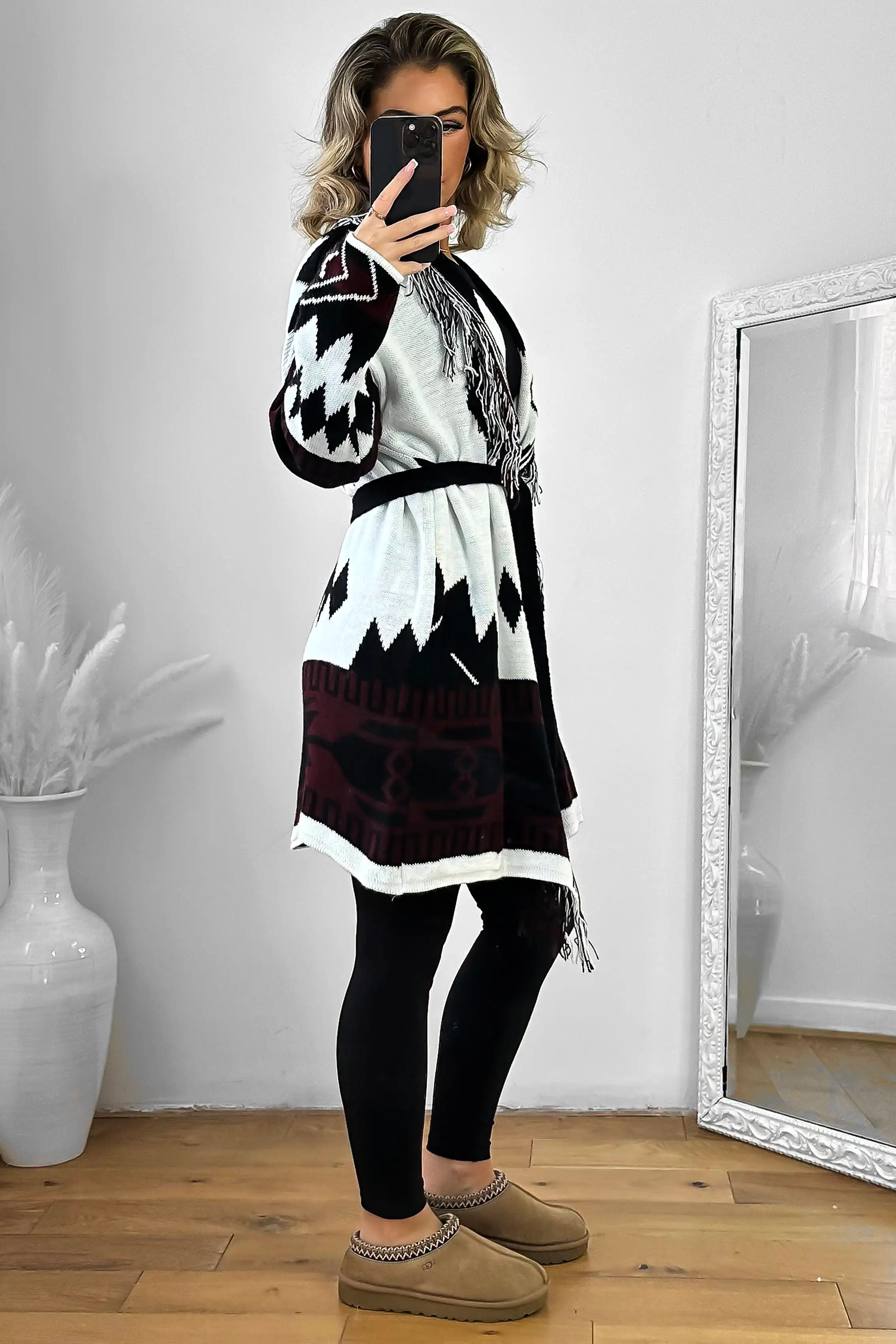 Native Print Fringed Waist Tie Thick Knit Cardigan