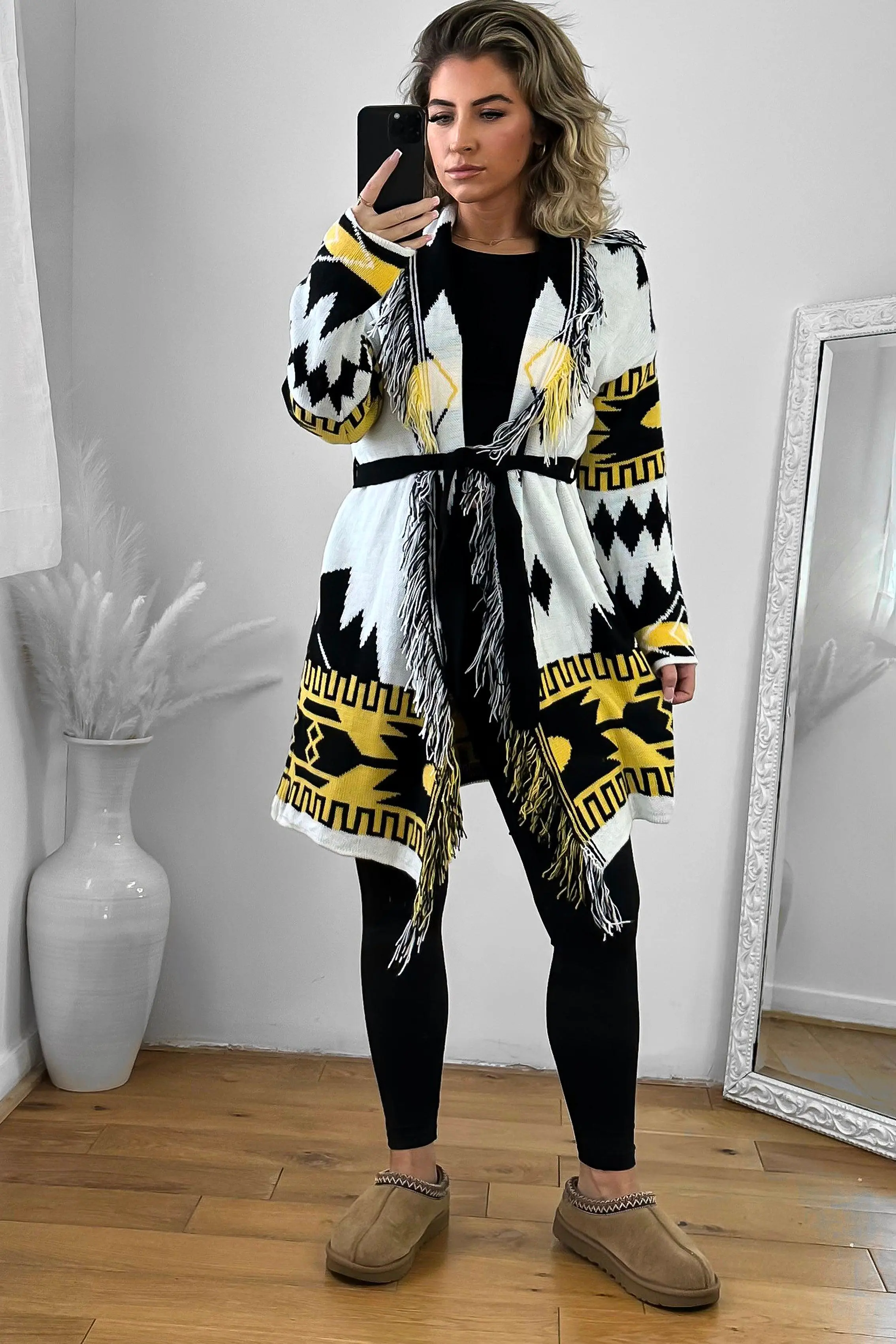 Native Print Fringed Waist Tie Thick Knit Cardigan