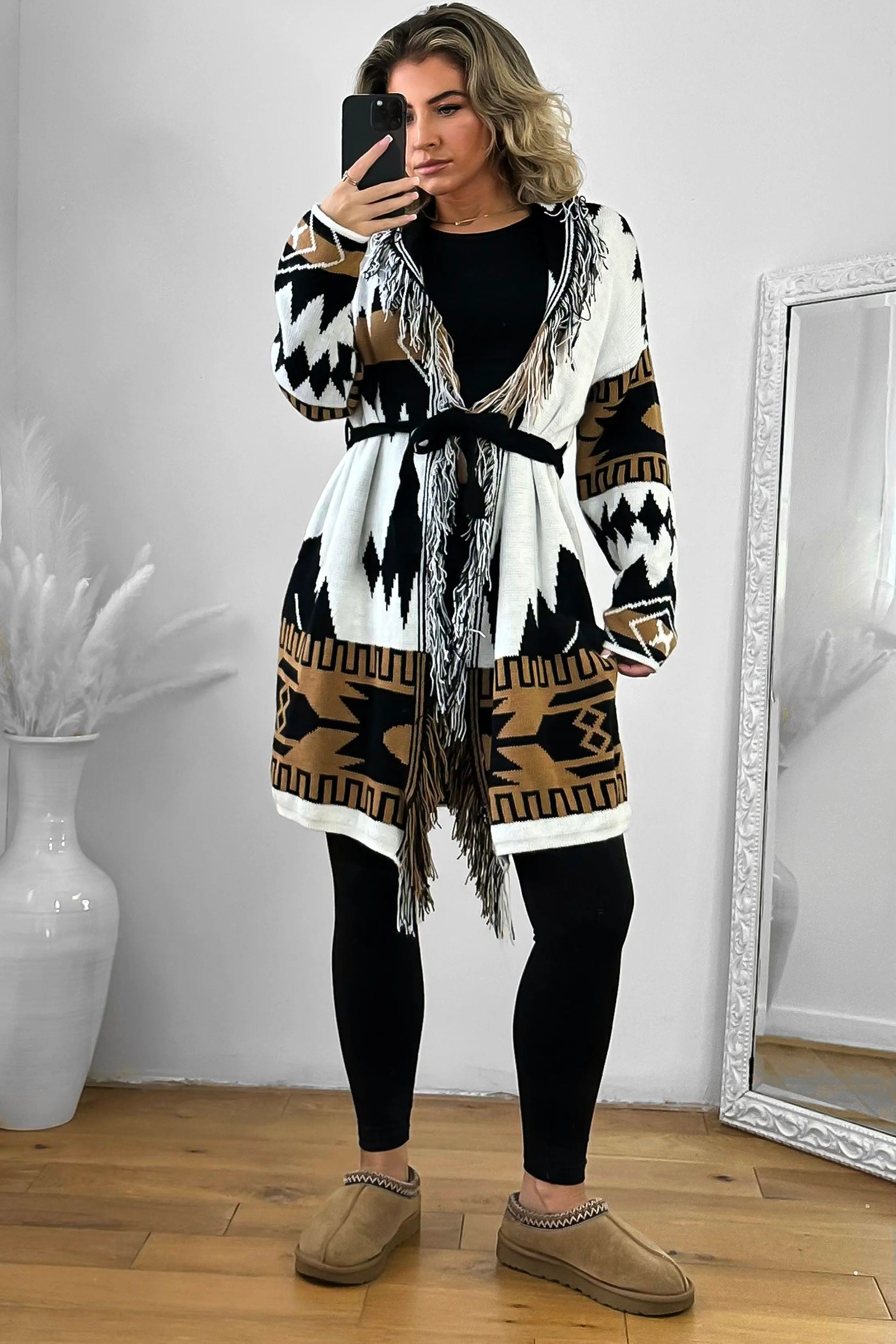 Native Print Fringed Waist Tie Thick Knit Cardigan