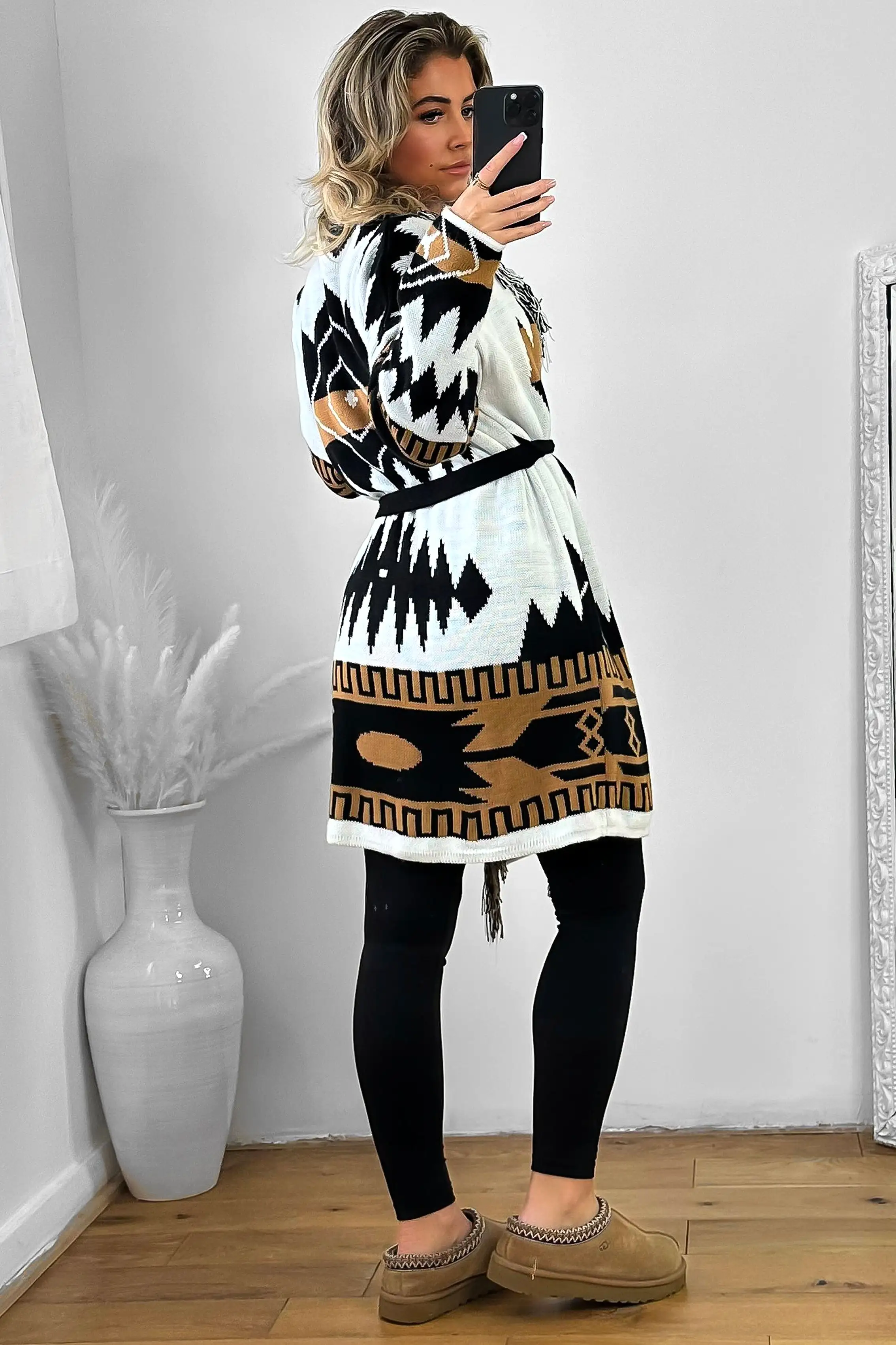 Native Print Fringed Waist Tie Thick Knit Cardigan