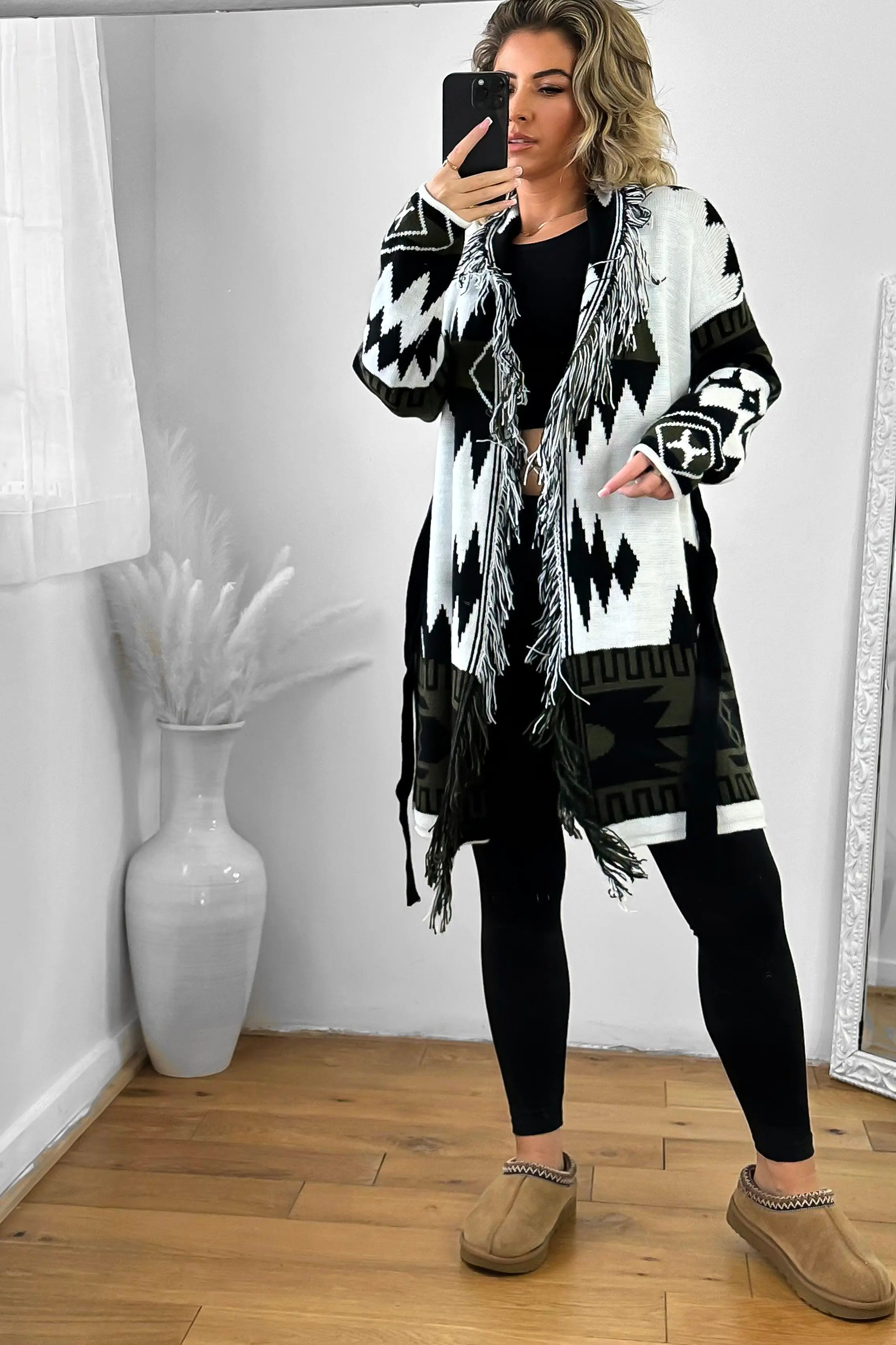 Native Print Fringed Waist Tie Thick Knit Cardigan