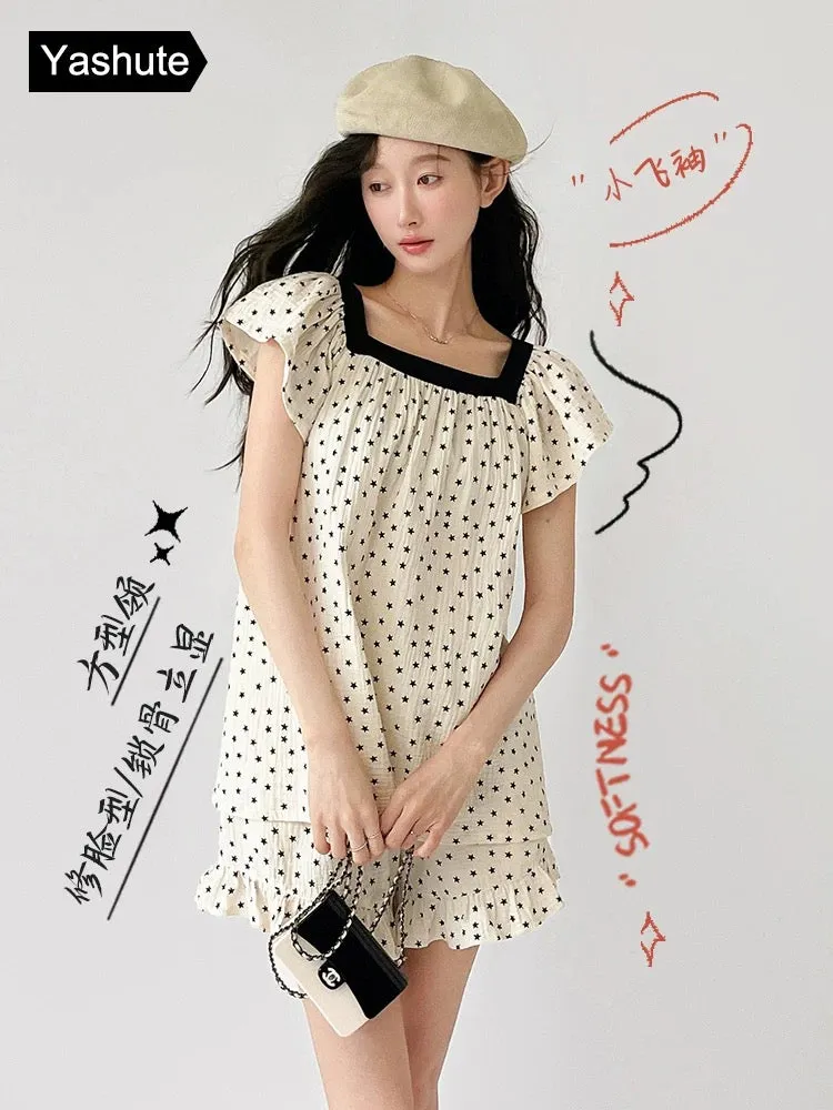 Pajamas for women, summer woven cotton camisole with chest pad set, sweet and fashionable, thin home wear that can be worn outsi