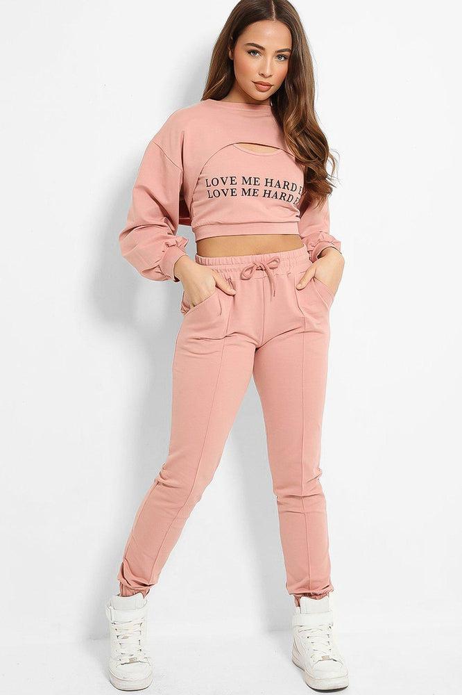 Pink Love Me Harder Crop Top 3 Piece Tracksuit