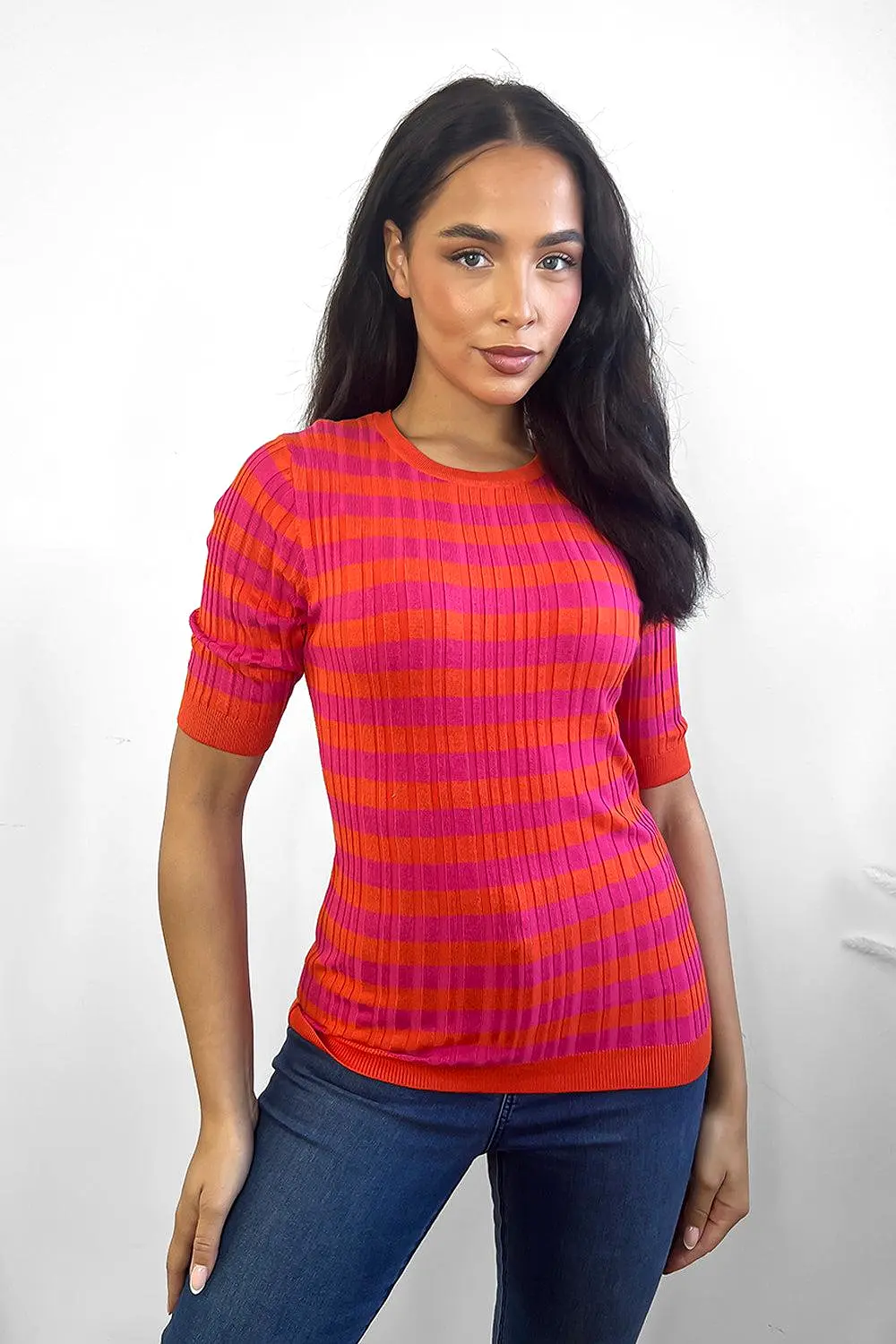 Red Orange Stripes Short Sleeves Pullover