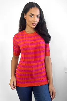 Red Orange Stripes Short Sleeves Pullover