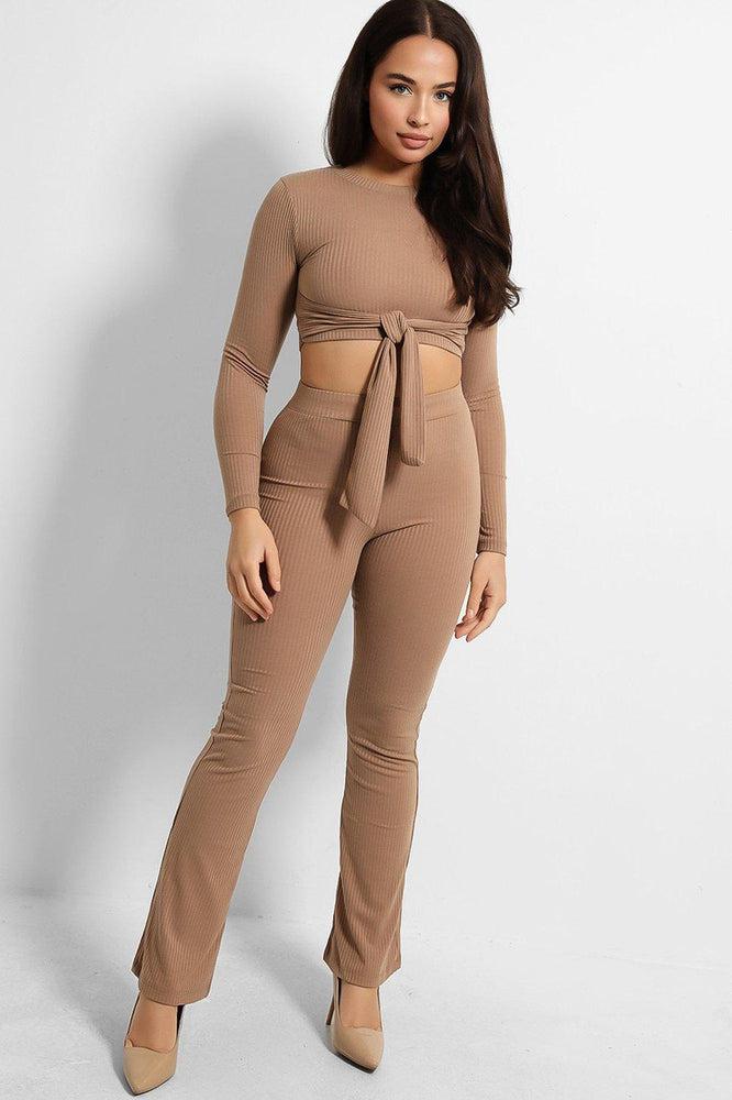 Ribbed Jersey Crop Tie Top And Trousers Set