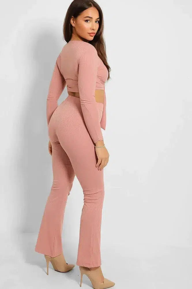 Ribbed Jersey Crop Tie Top And Trousers Set