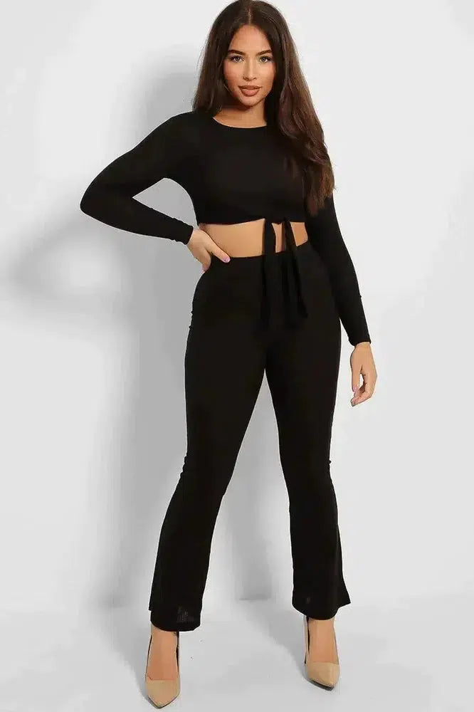 Ribbed Jersey Crop Tie Top And Trousers Set