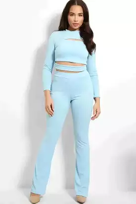 Ribbed Jersey Cut Out Details Crop Top And Trousers Set