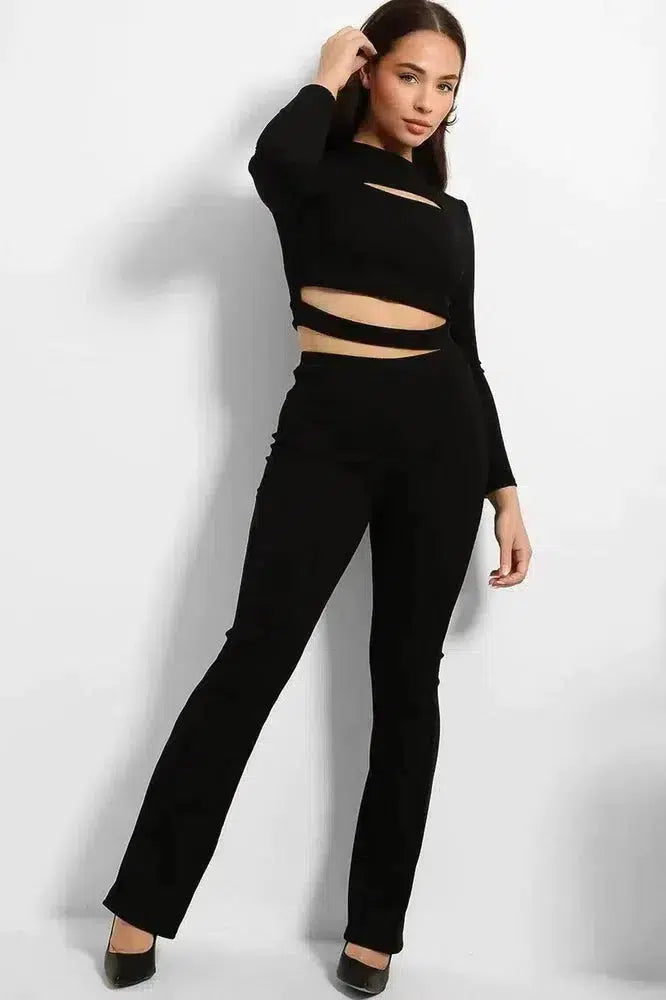 Ribbed Jersey Cut Out Details Crop Top And Trousers Set