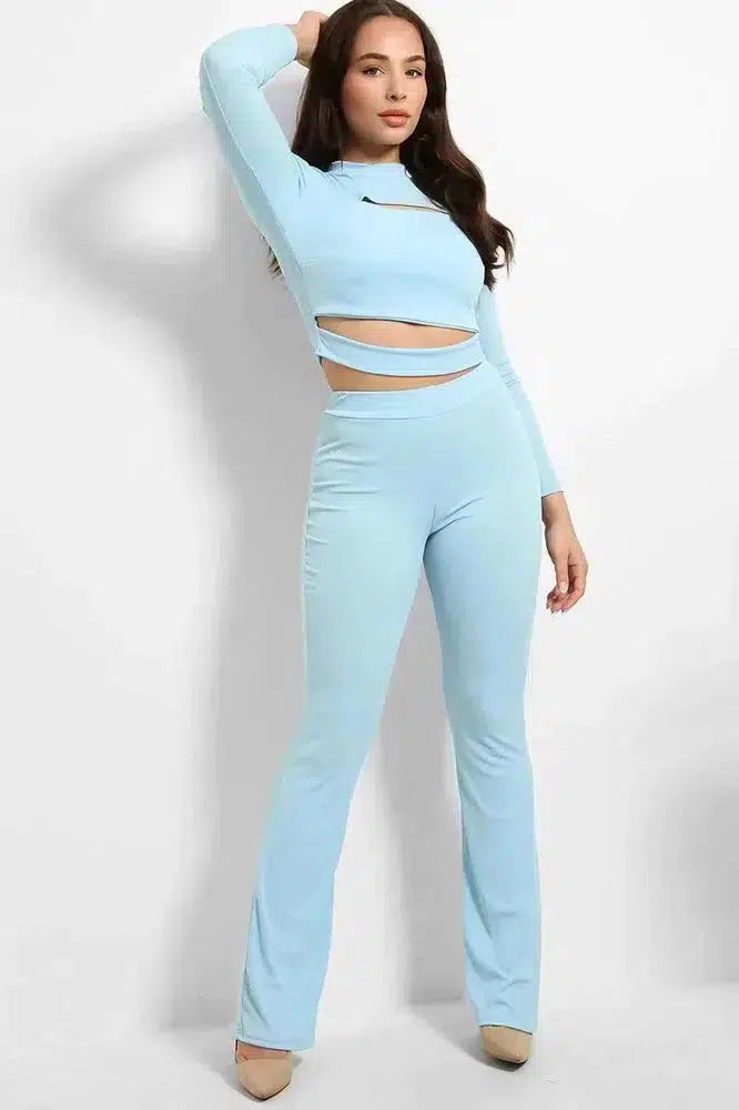 Ribbed Jersey Cut Out Details Crop Top And Trousers Set